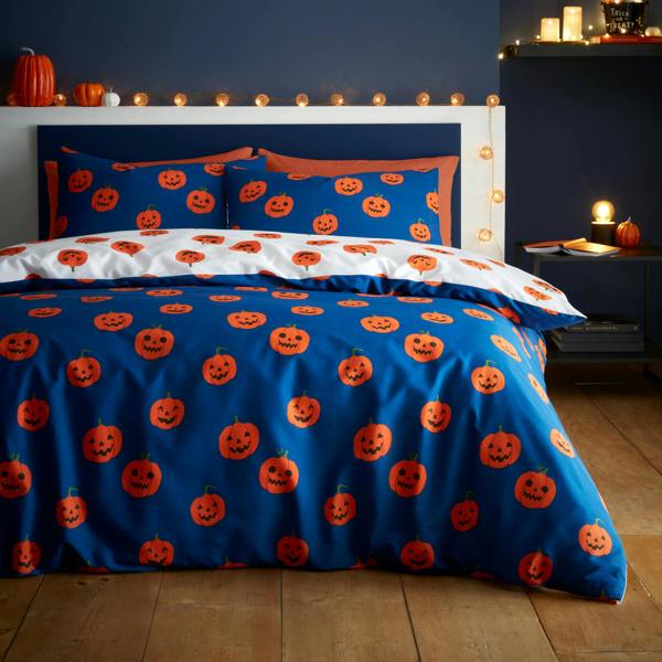 Catherine Lansfield Halloween Pumpkins Reversible Duvet Cover Set Navy Blue