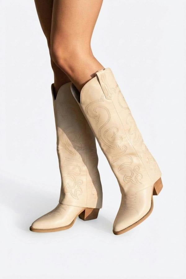 Ivy Womens Embroidered Western Cowboy Boots - Beige