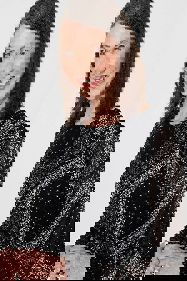 Black | Printed Long Sleeve Maxi Dress with Belt
