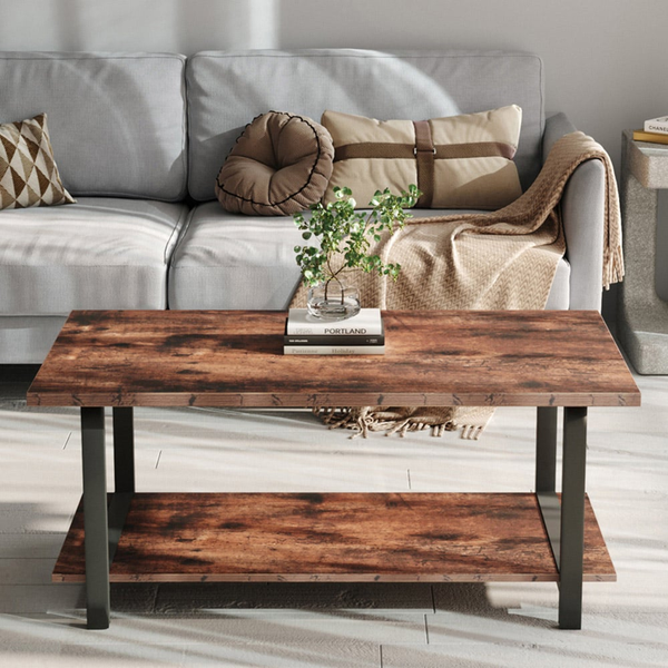 Living and Home Rustic Coffee Table with Storage Shelf