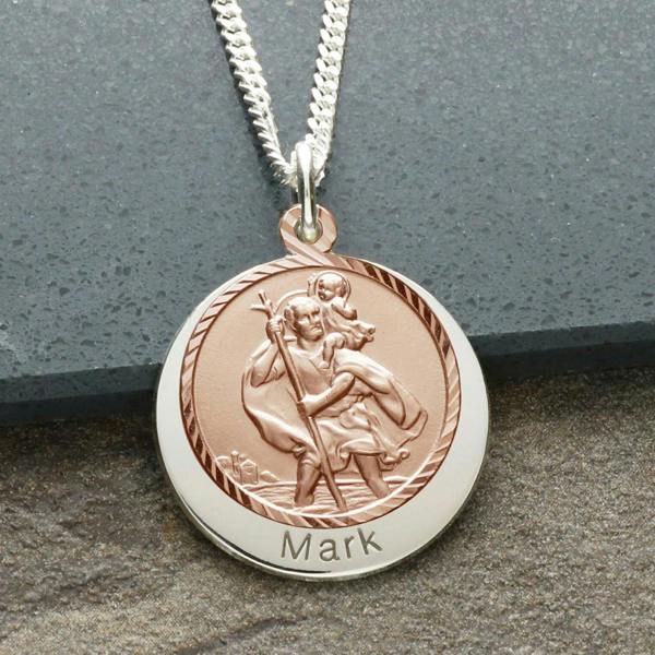 Christopher James of London 9ct Rose Gold Plated & Silver Personalised St Christopher With Concealed Travellers Prayer