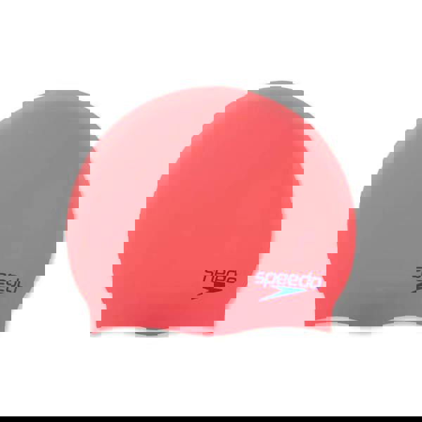 Speedo Junior Plain Moulded Silicone Cap in coral with blue logo