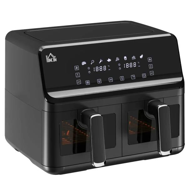 Black dual-basket air fryer oven with digital control panel and viewing windows
