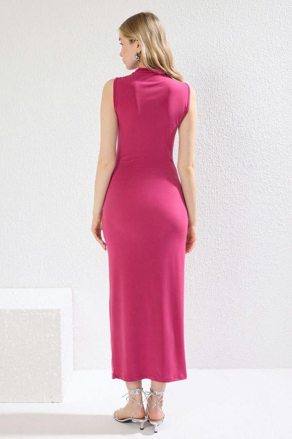 WOVCOR High Neck Sleeveless Draped Bodycon Maxi Dress