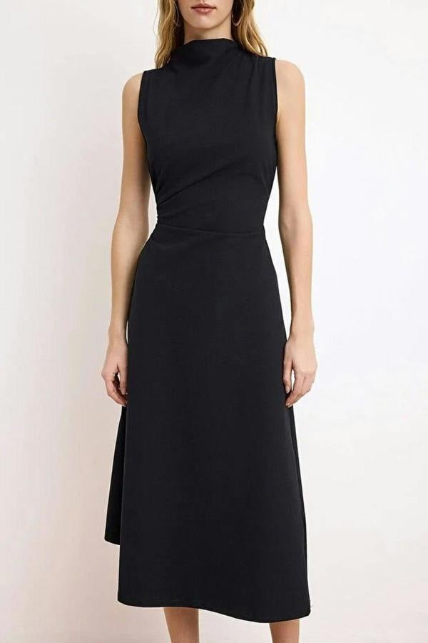 WOVCOR A-Line Asymmetrical Sleeveless Ruched Midi Dress