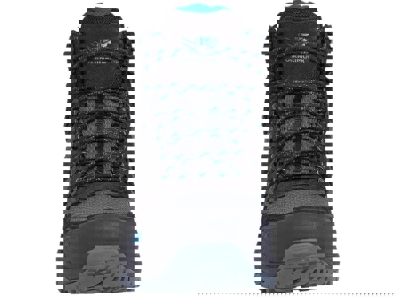 Karrimor Bodmin MID 6 Mens Walking Hiking Lace Up Trekking Boots, front view of black and gray hiking boots with blue accents and sturdy sole.