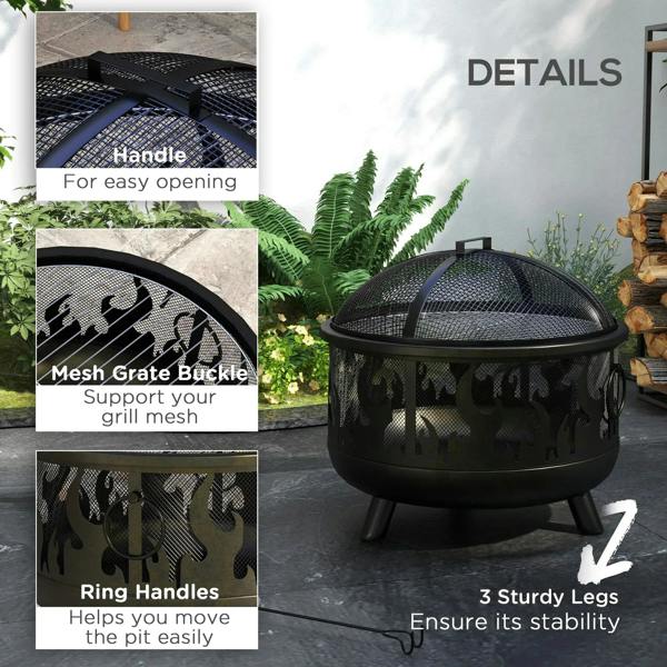 Black fire pit BBQ with dome mesh lid and flame cutout body, sturdy legs and side handles