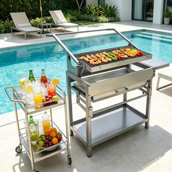 Gr8 Garden XL Stainless Steel Charcoal BBQ Grill with Side Shelf