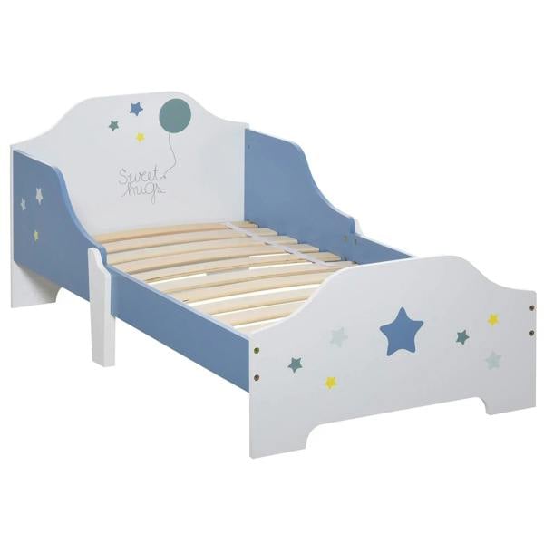 Blue and white toddler bed frame with side guardrails and slatted mattress support