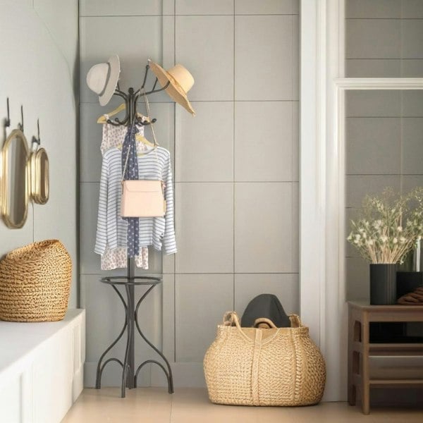 Rafaelo Mobilia Metal Coat Stand With 8 Hooks and Umbrella Holder Black
