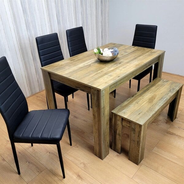 Kosy Koala Wooden Dining Table Set for 6 Rustic Effect Table With 4 Black Leather Chairs and 1 Bench