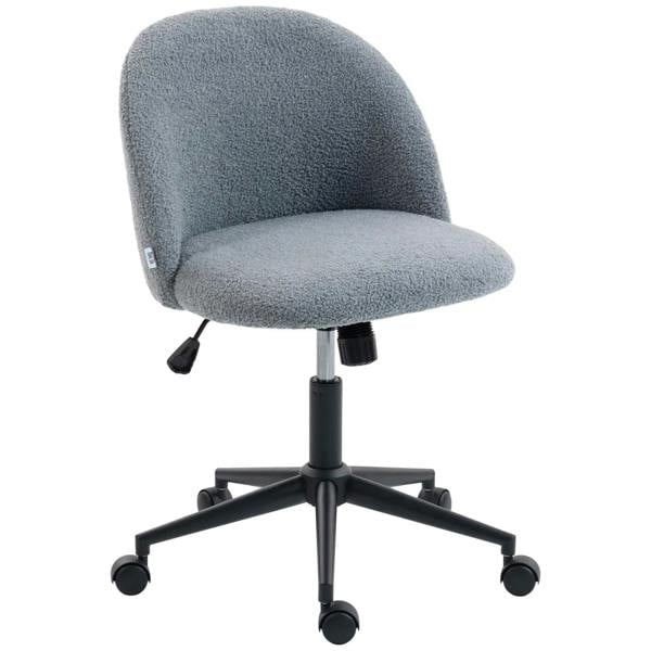 Grey teddy fleece office chair with rounded back, black base and rolling caster wheels