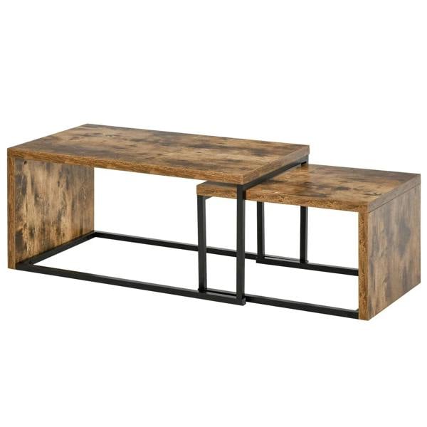 Rustic brown nesting coffee table set of 2 with black metal frames, stacked side view