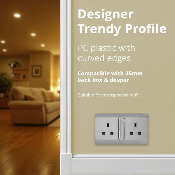 Trendi Switch 2 Gang Long Switched Plug Socket in Brushed Steel