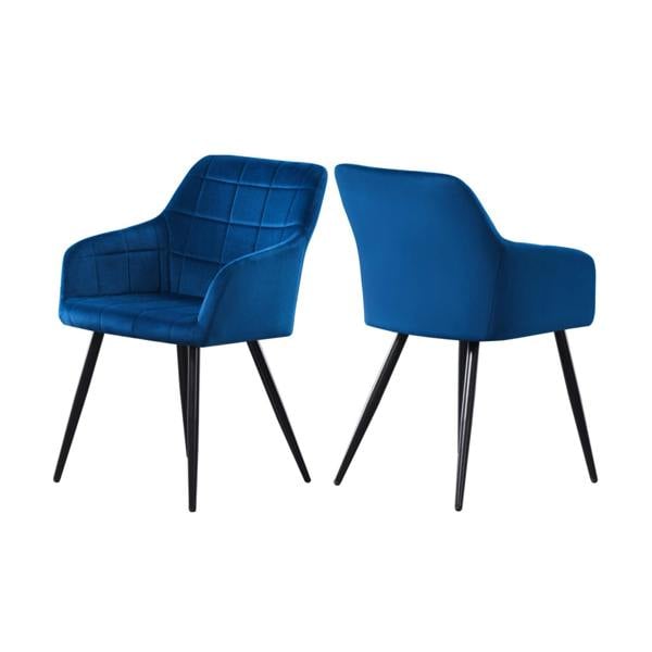 Life Interiors Set of 2 Camden Modern Velvet Dining Chairs with Armrests, Quilted Design & Black Metal Legs