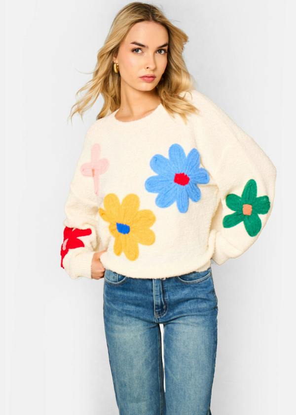 Gini London Cream 3D Flower Crochet Knitted Jumper