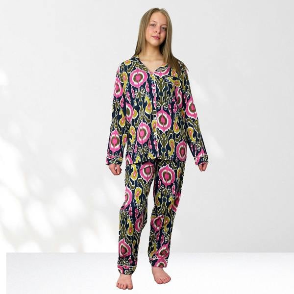 Hayley & Co Ikat Print Cotton Long Pyjama Set in Navy Blue and Pink