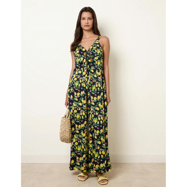 Blue Vanilla Lemon Print Front Tie Jumpsuit