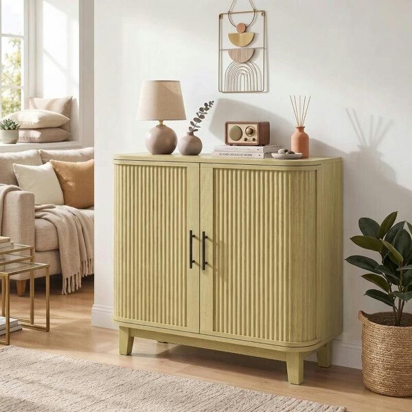 80cm Sideboard Buffet Cabinet, Storage Cabinet with 2 Curved Doors, Adjustable Shelf and Legs for Dining Room, Oak - Oak