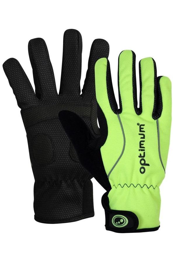 Fluorescent yellow and black full-finger winter cycling gloves pair, palm and back shown, on white - Optimum