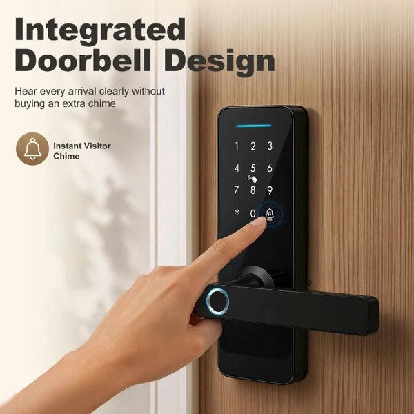 Smart Door Lock, 5-in-1 (Fingerprint/Passcode/Bluetooth APP/NFC Card/Key), Built-in Doorbell, Keyless Electronic Lock