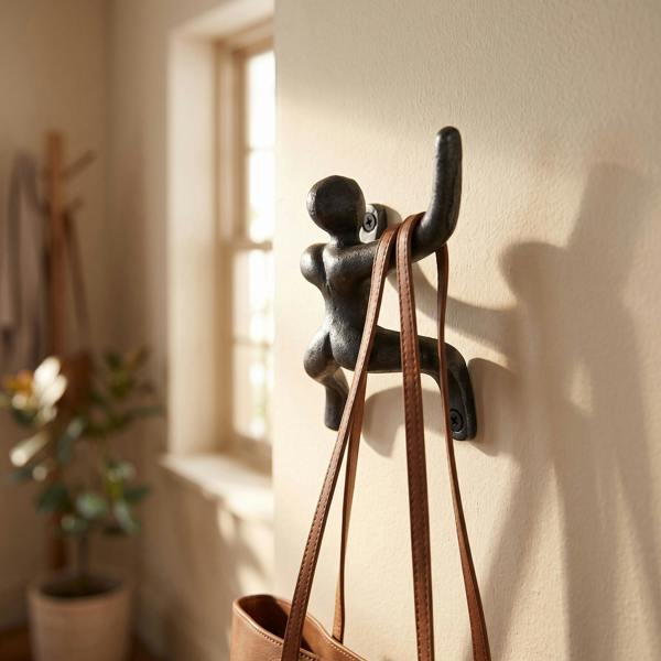 Close-up of a cast iron climber coat hook mounted on a painted wall in a cozy entryway, showcasing its detailed design and sturdy finish.
