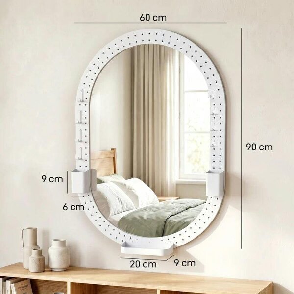 Oval Wall Mirror, 60 x 90 cm Decorative Hanging Mirror with Pegboard Frame, Wall-Mounted, White