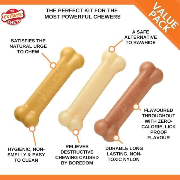 Nylabone Extreme Tough Dog Chew Bones – Triple Flavour Pack (Peanut Butter, Chicken & Bacon), Small Dogs Up to 11 kg