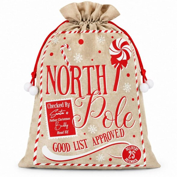 Shatchi 6cm North Pole Hessian Christmas Sack with Drawstring Closure for Gifts - 6CM - White - Christmas sack