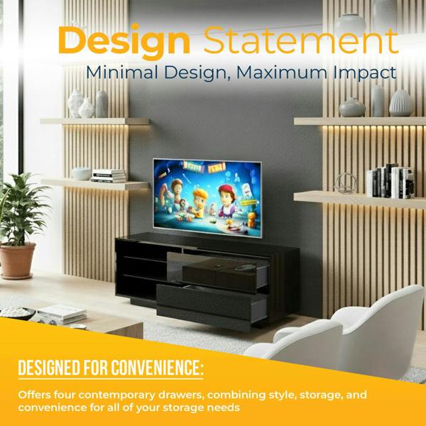 Homeology Gallus Gloss Black with 2-Black Drawers and 3-Shelf 32"-55" LED/LCD/Plasma Cabinet TV Stand
