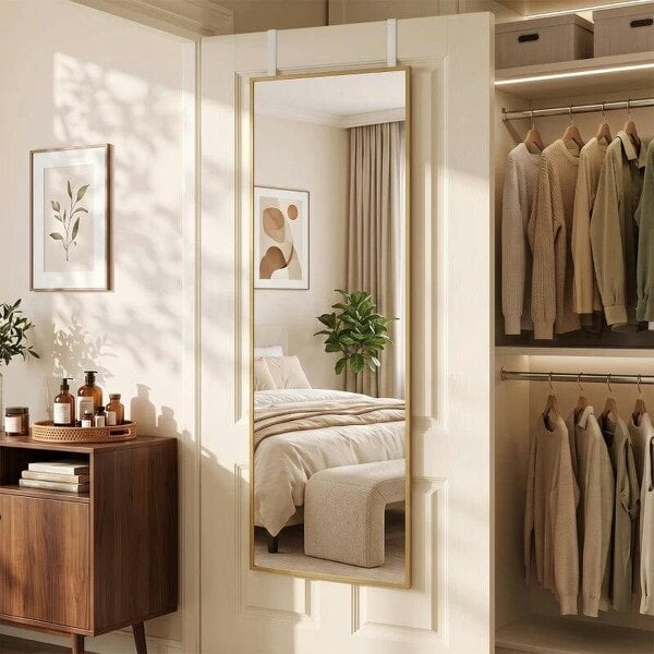 Bobobiy 40 x 110 cm Full Length Wall Mirror, Rectangular Mirror with Adjustable Hooks, Over the Door or Wall Mounted, Gold Tone