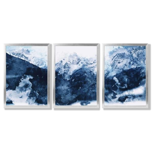 Abstract Navy Blue Mountains Set of 3 Framed Art Prints with Silver Wood Frames