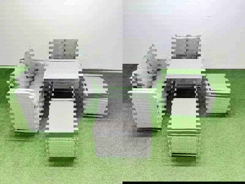 Fimous 6 Seater Outdoor Love Sofa Set Rattan Garden Furniture Set with Rectangular Dining Table 2 Big Footstool Light Grey