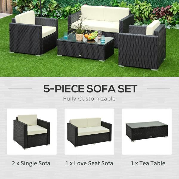 Wyld Haus Elrolo Rattan Black 4 Seater Outdoor Sofa Set With White Cushions and Rectangular Coffee Table Glass Top