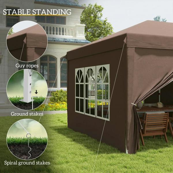 Brown gazebo side wall with window panel; includes guy ropes and ground stakes