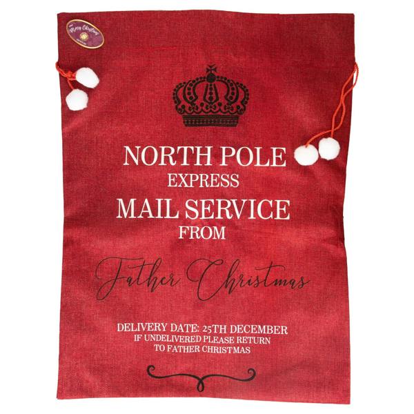 6cm Red Hessian Christmas Sack with North Pole Express Mail Print image 9