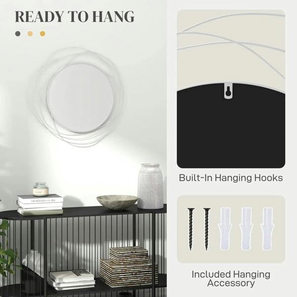 Silver round wall mirror with hanging hooks and included mounting accessory