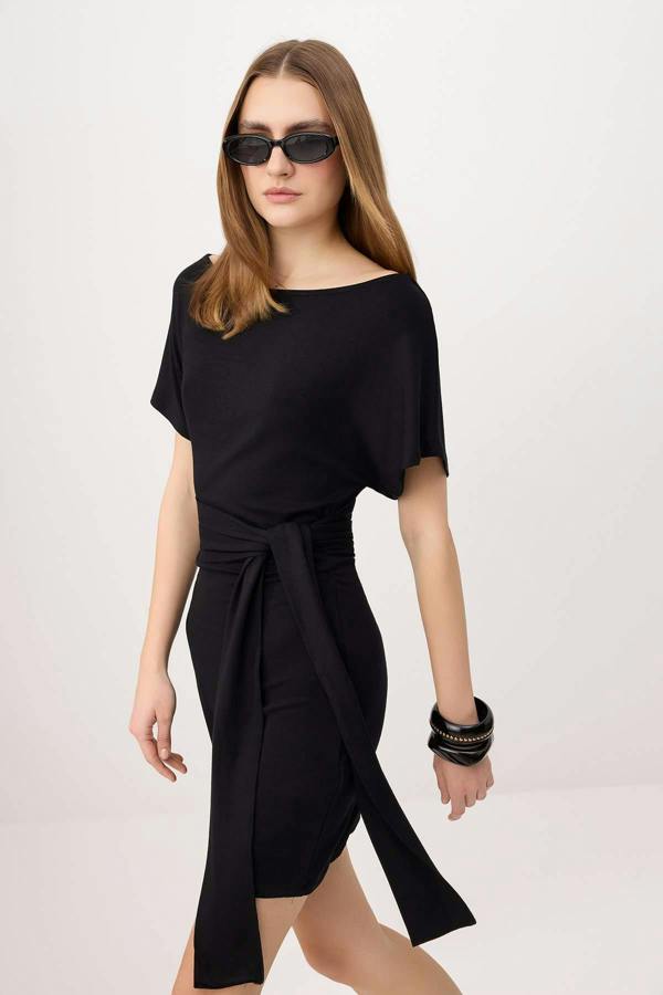 WOVCOR Bodycon Asymmetric Neck Tie Detail Short Sleeve Mini Dress