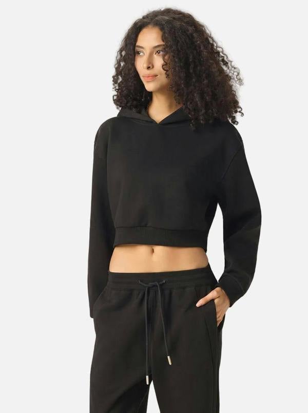 Anniou Cropped Boxy Heavyweight Hoodie - Black