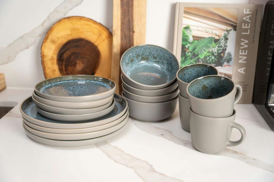 Scandi Home Stockholm Ceramic Side Plates, Set of 4, 20cm, Grey & Blue Reactive Glaze