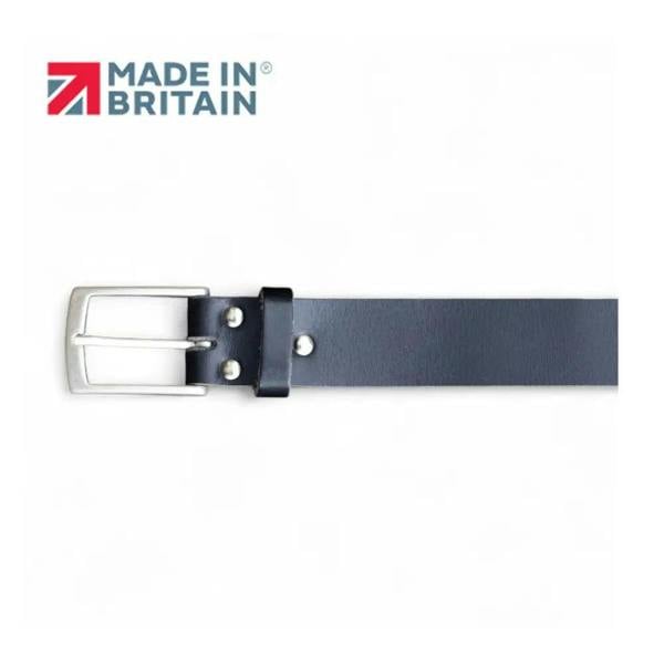 Black leather belt with silver buckle on a white background, featuring 'Made in Britain' logo.