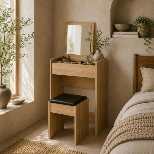Wyld Haus Nolena Natural Wood Vanity Desk With Flip Mirror Cushioned Stool And Storage