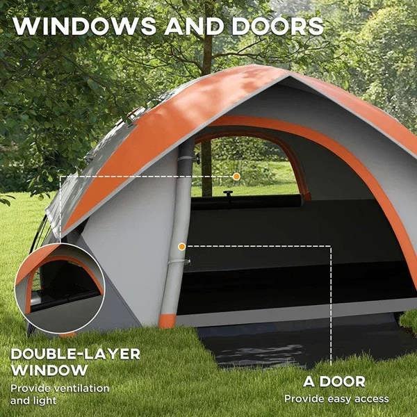 Orange-and-grey dome tent with arched door opening and mesh window