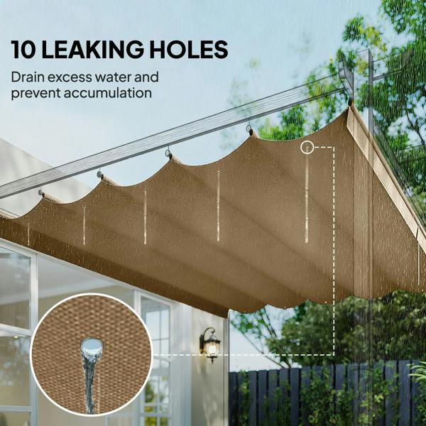 Tan retractable pergola canopy cover with drainage holes to help shed excess water