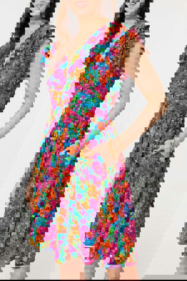 Pink | Floral V-Neck Frilled Sleeve Short Dress