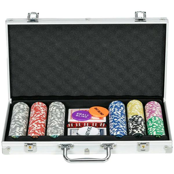 Poker chip set in silver aluminum case with stacked multicolor chips and card deck