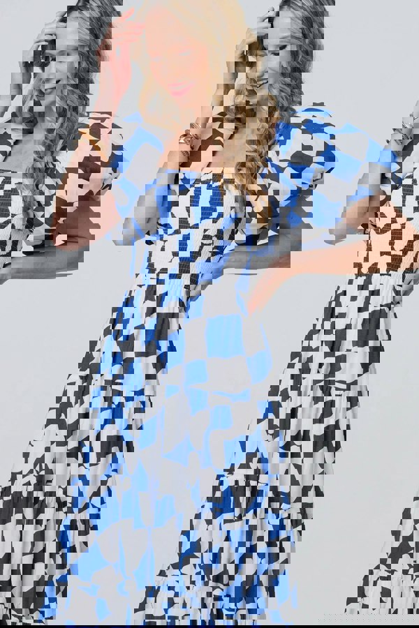 Blue | Printed Puff Sleeve Bardot Smock Midi Dress
