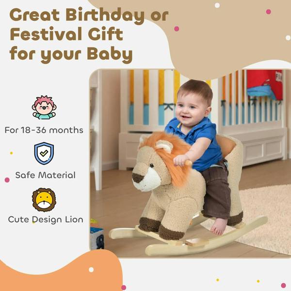 Kids lion rocking horse plush design with orange mane and wooden rocker base for toddlers