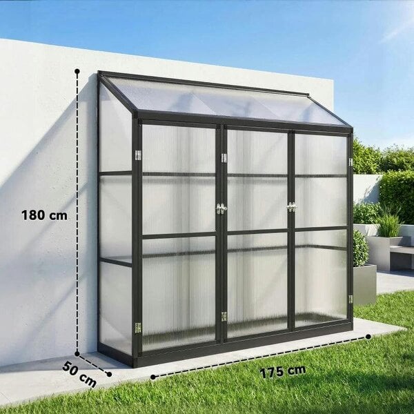 6 x 1.5ft Polycarbonate Greenhouse, Quick Setup, Lean-to Green House with 3 Hinged Doors, Top Vent, Black