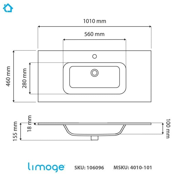 Limoge 4010 Ceramic 101cm Thin-Edge Inset Basin with Oval Bowl